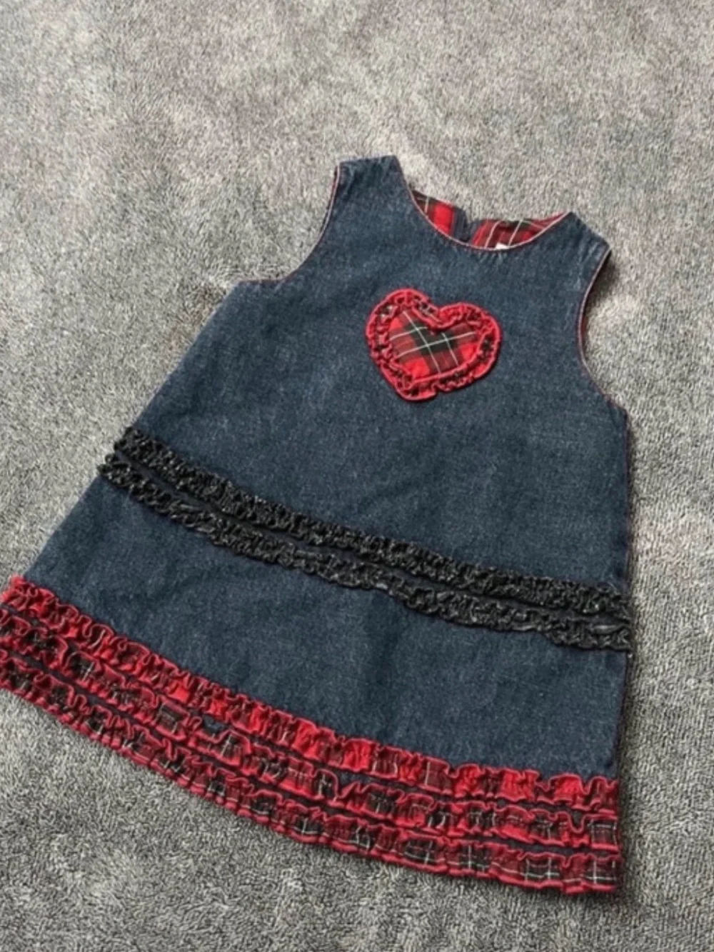 The Children's Place Denim Look Navy Dress with Red Plaid Trim